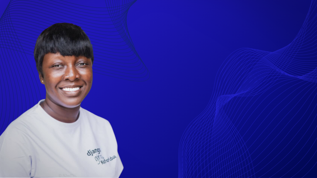 Theresa Seyram Agbenyegah smiling against a blue background with abstract wave patterns.