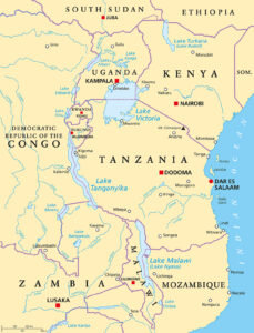 Map of Congo, Tanzania, Kenya, and other East African countries