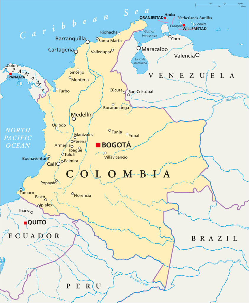 Political map of Colombia with capital Bogota, national borders, most important cities, rivers and lakes. Illustration with English labeling and scaling.